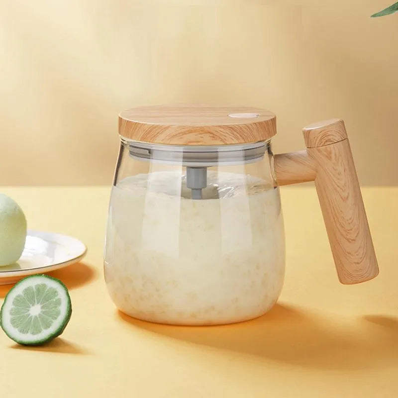400ml borosilicate glass self-stirring coffee mug with electric mixing button in clear, champagne gold, and rainbow blue colours