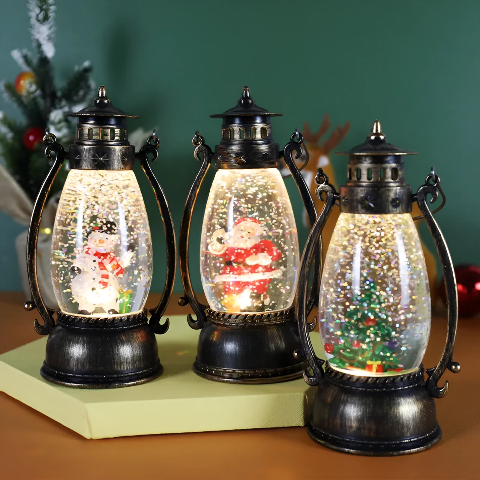 Crystal ball LED oil lamp Christmas decoration showing snowman or elderly figure winter scene inside spherical design