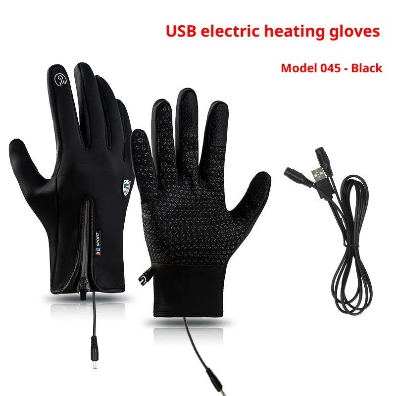 USB heated cycling gloves for men and women in black with constant temperature heating, waterproof nylon, and reflective panels