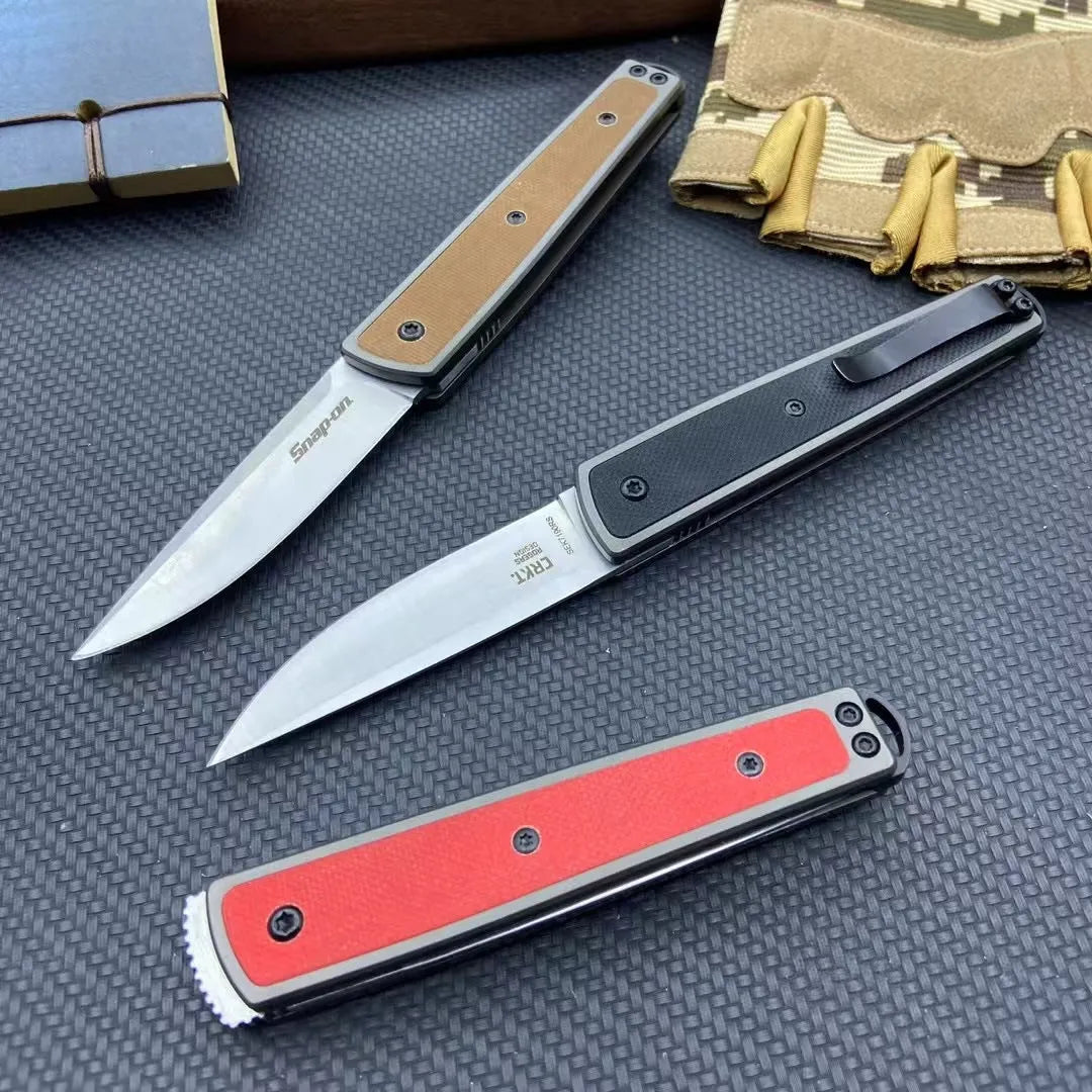 Folding fruit knife with stainless steel blade in black, brown, or red with measurements showing 17cm length
