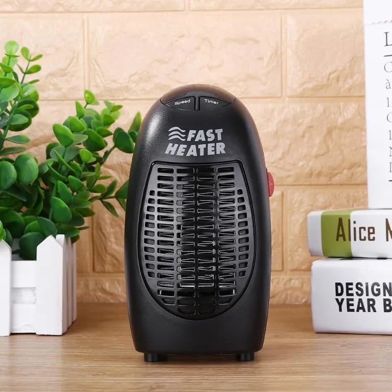 Compact black portable electric heater with digital display and a rotating plug.