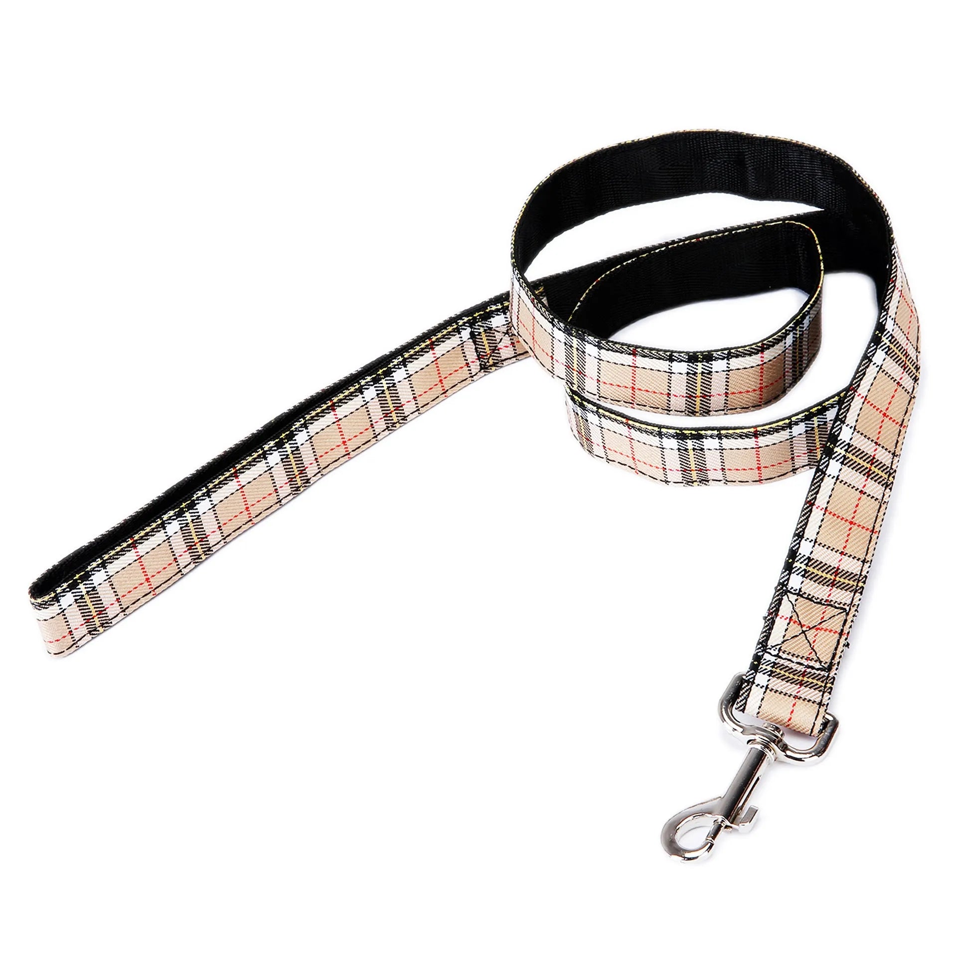 Black pet hand holding traction rope with plaid stripe design measuring 120cm in length