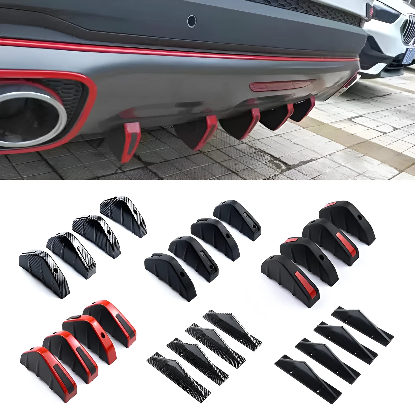 Black triangular car rear spoiler made from ABS plastic, 15cm long, with mounting screws and adhesive