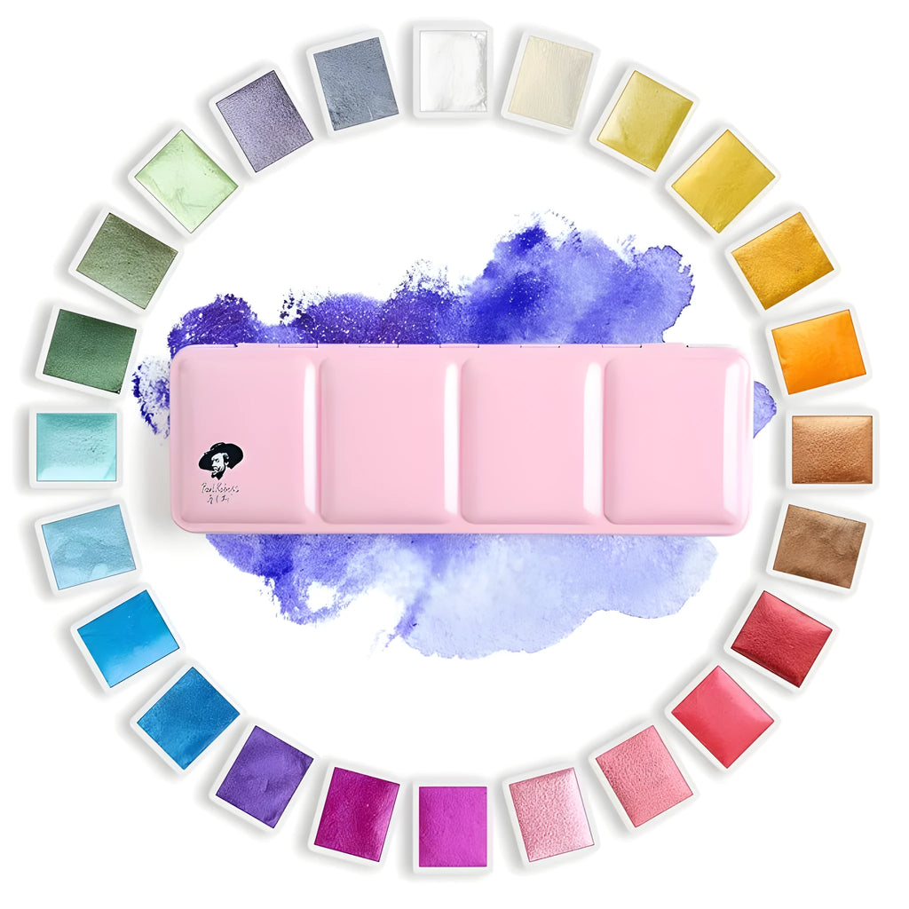 Solid watercolour paint set with pearl finish showing 12 and 24 colour options.