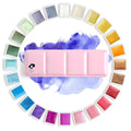 Solid watercolour paint set with pearl finish showing 12 and 24 colour options.