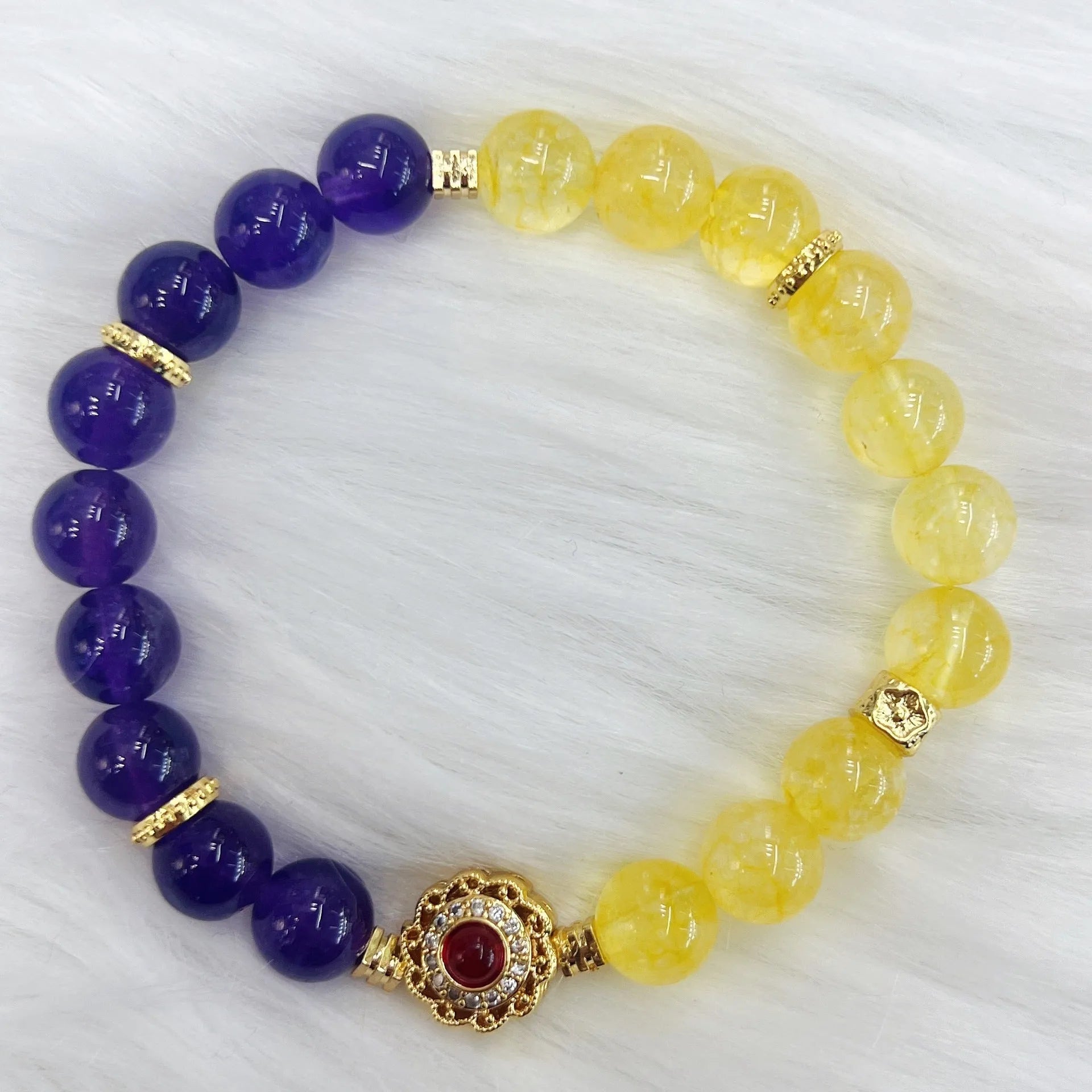 Handmade women's yellow and purple crystal bracelet with amethyst beads