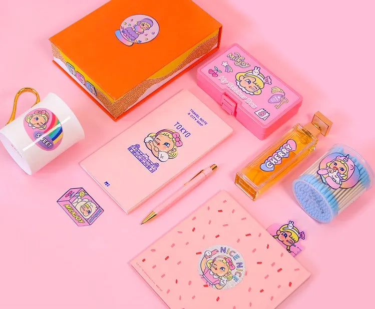 Box containing 16 cute square cartoon stickers in Korean comics style for DIY decoration.