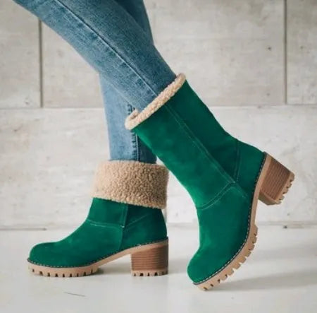 Women's suede mid-tube snow boots with a thick heel and round toe in various colours.