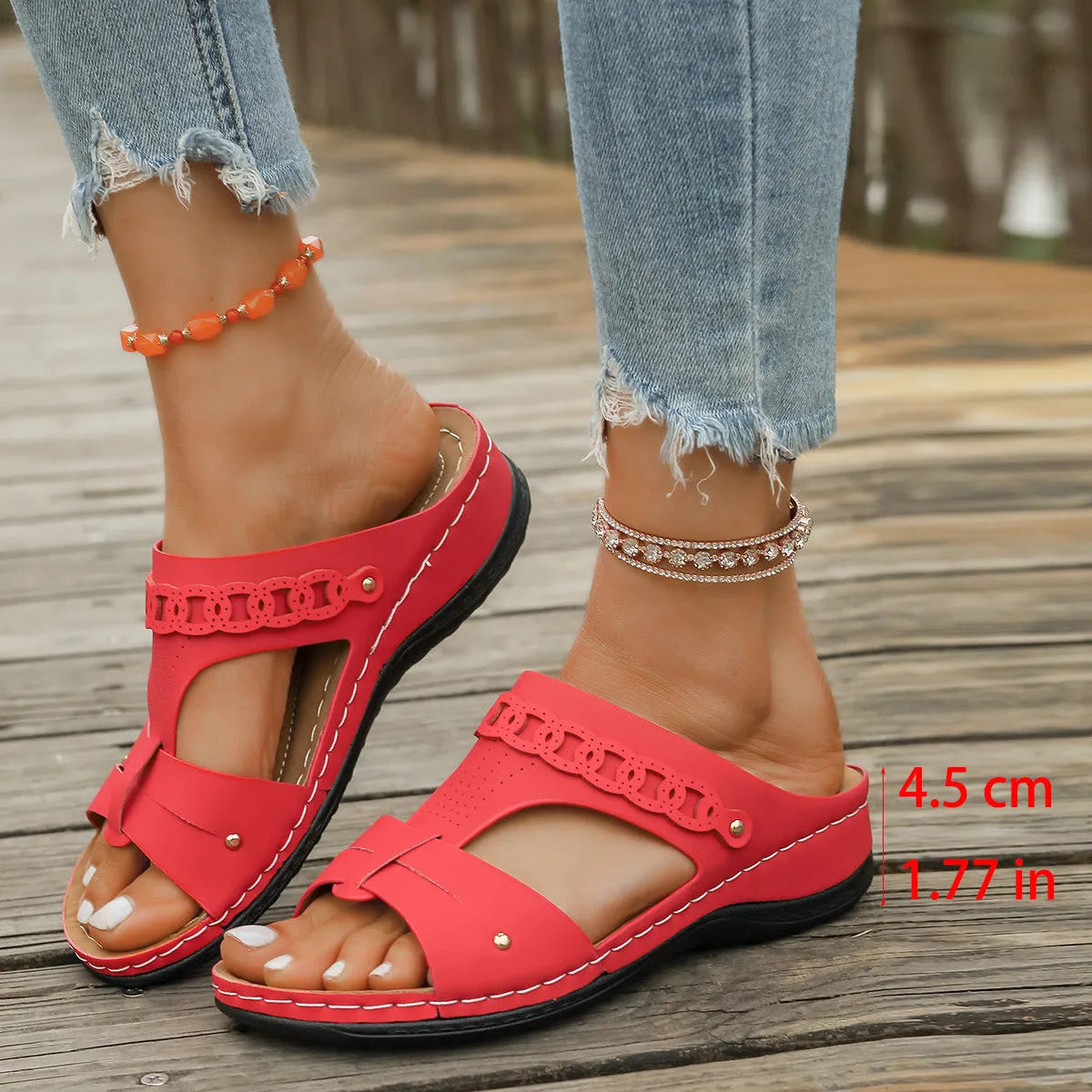 Slope heel roman style slippers in PU with fish mouth toe, shown in available colours.