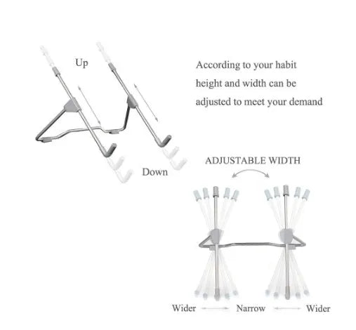 Grey adjustable angle aluminium alloy and plastic stand holding a mobile phone and a laptop on a desk.