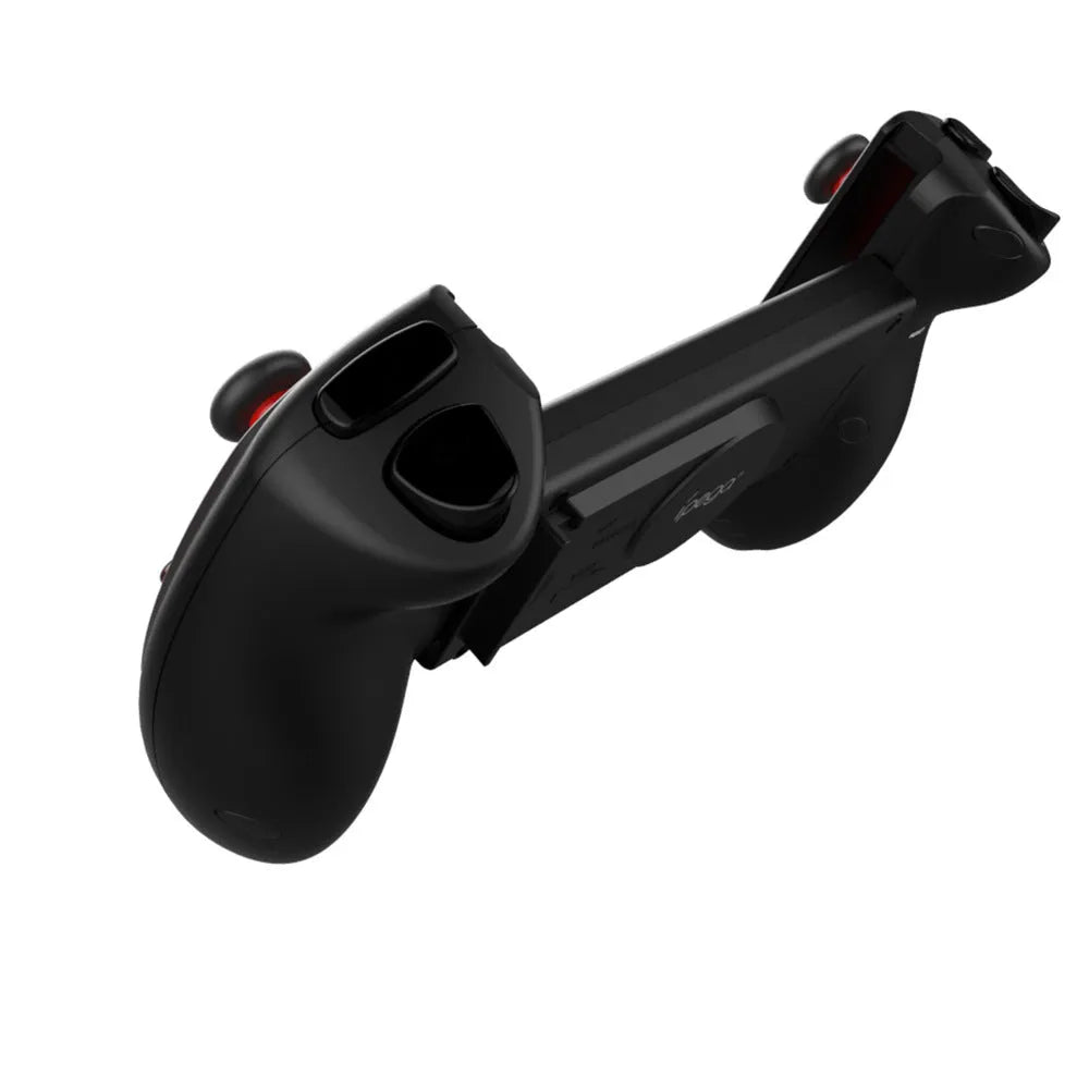 Red telescopic Bluetooth gamepad extended around smartphone with USB cable for PC connectivity
