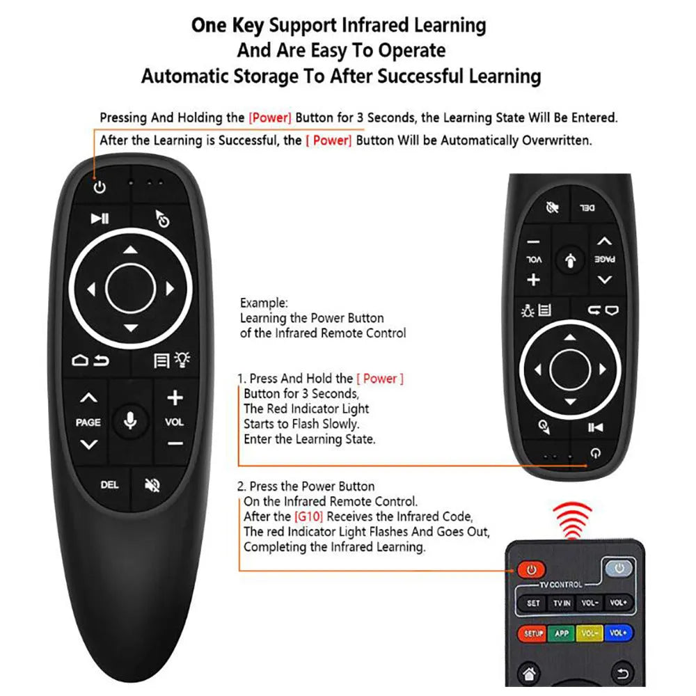 G10 G10S intelligent voice remote control with plastic shell and silicone buttons.