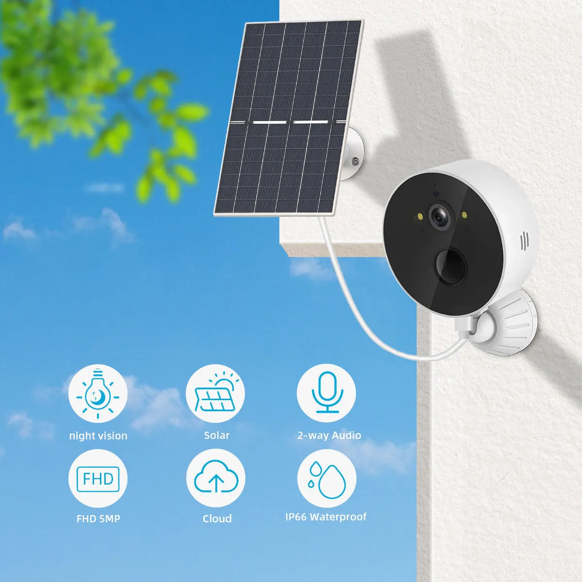Outdoor security camera with attached solar panel for off-grid battery charging.