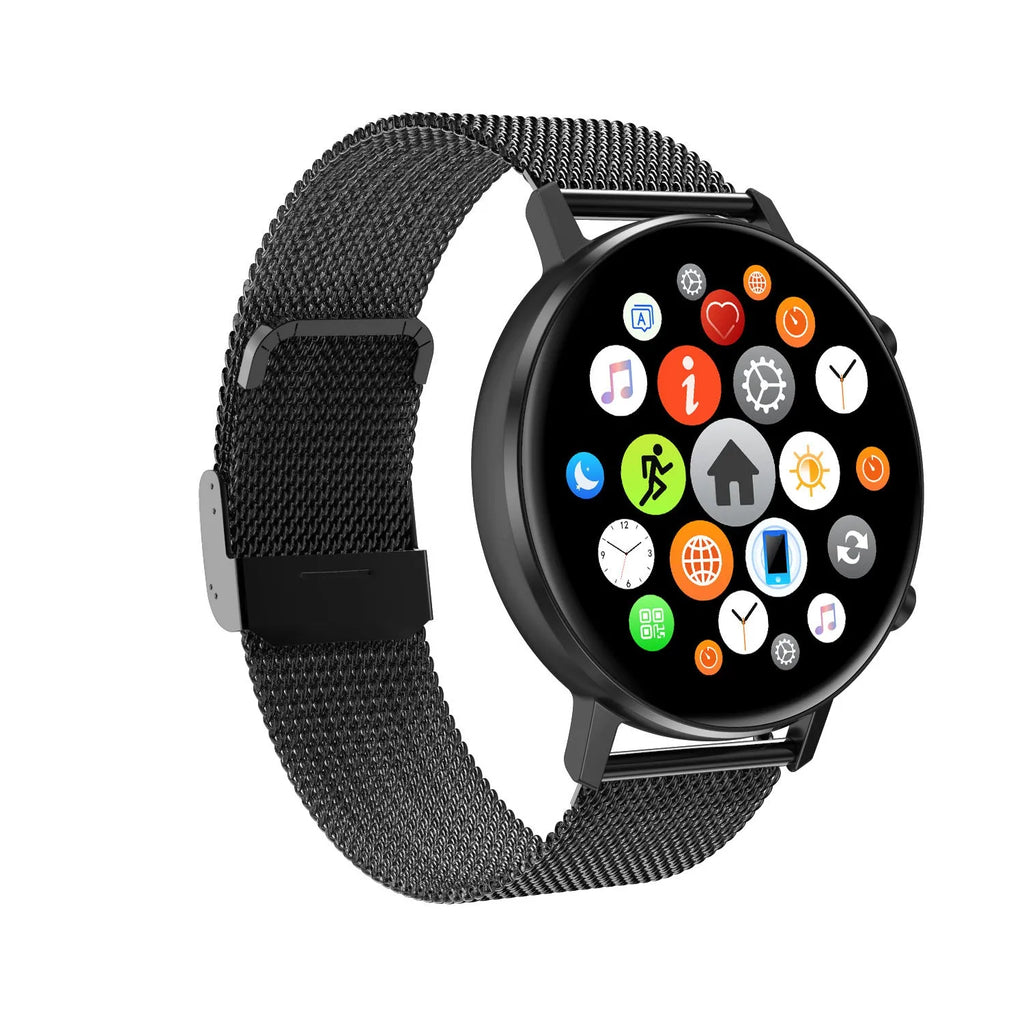 DT96 smart bracelet with 1.3-inch colour screen on a stainless steel strap, showing black, rose gold, and silver colour options.