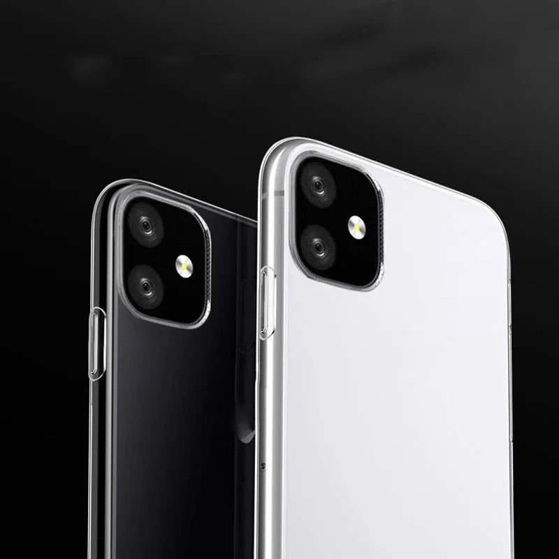 Transparent soft TPU mobile phone case for Apple iPhone on a white background.