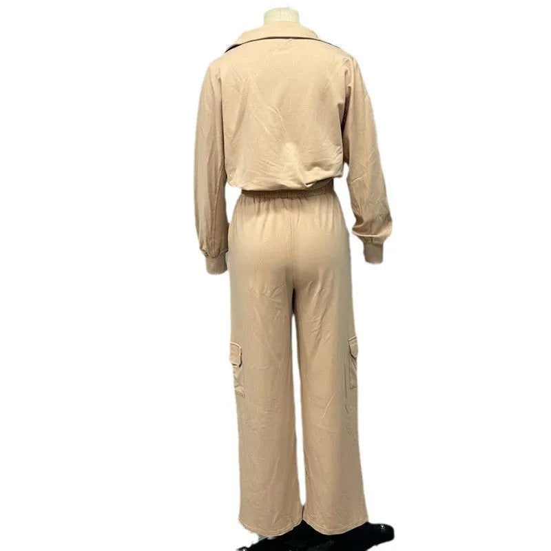 Women's light camel polyester lapel top and wide-leg trousers work set