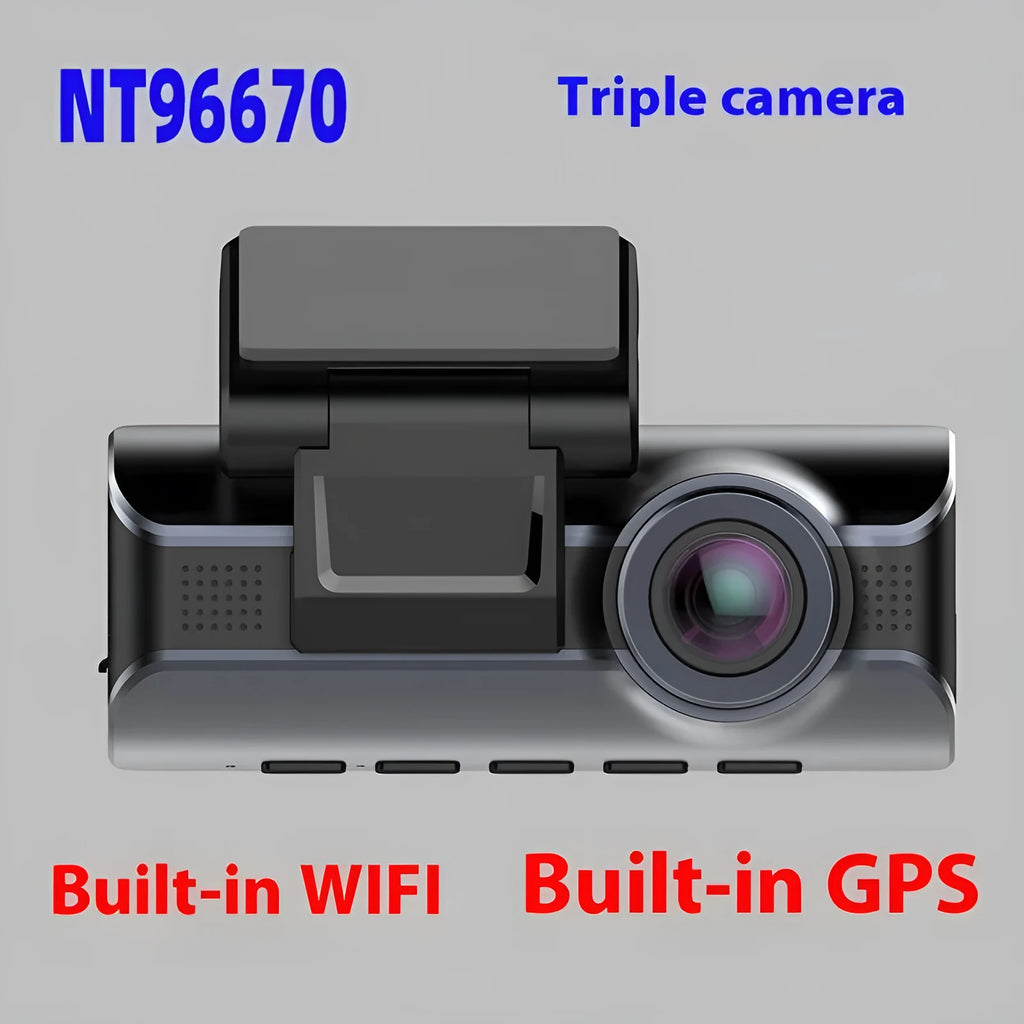 M550PRO driving recorder dash cam with 3 inch screen, front and rear lenses, and car charger on dashboard.
