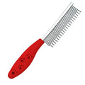 Dual-sided pet grooming comb with stainless steel short and long teeth and a red plastic handle.