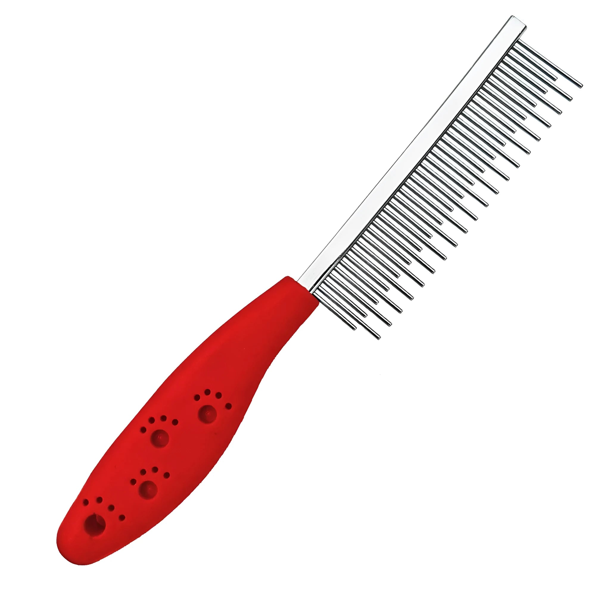 Dual-sided pet grooming comb with stainless steel short and long teeth and a red plastic handle.