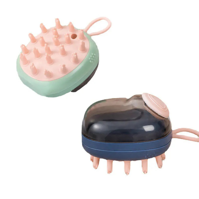 Blue and green pet grooming brush with shampoo dispenser for dogs and cats.