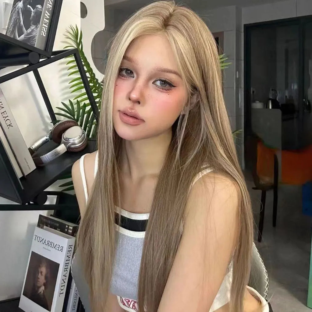 Golden brown gradient centre-parted full head lace wig for women with natural hairline