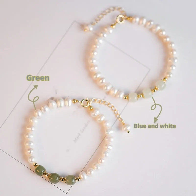 Korean style freshwater pearl bracelet in diamond shape, showing deep Hetian jade colour variant.
