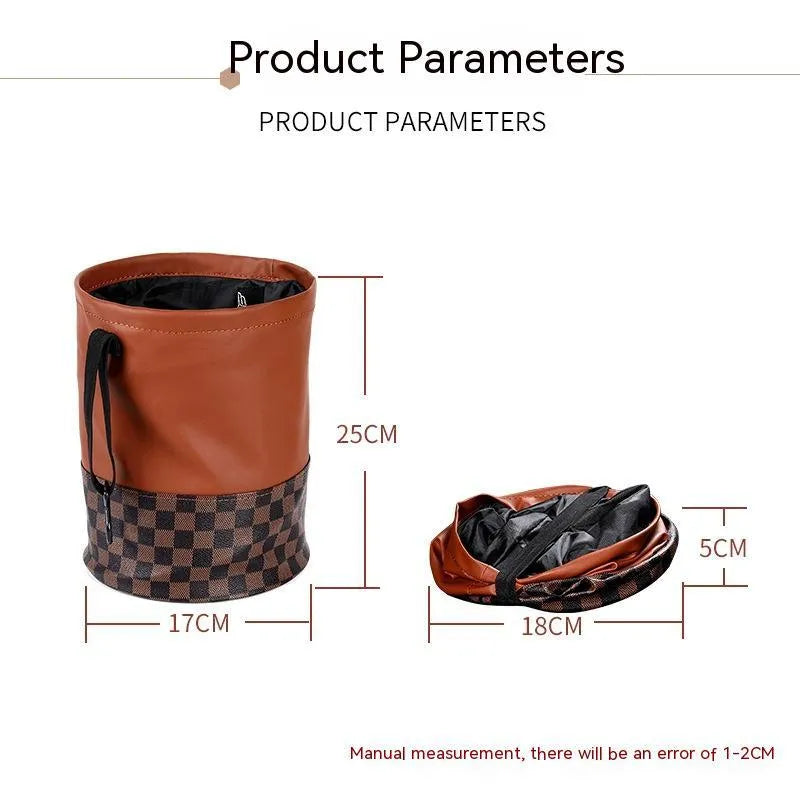 Retractable leather interior car trash can with handle in folded and extended positions
