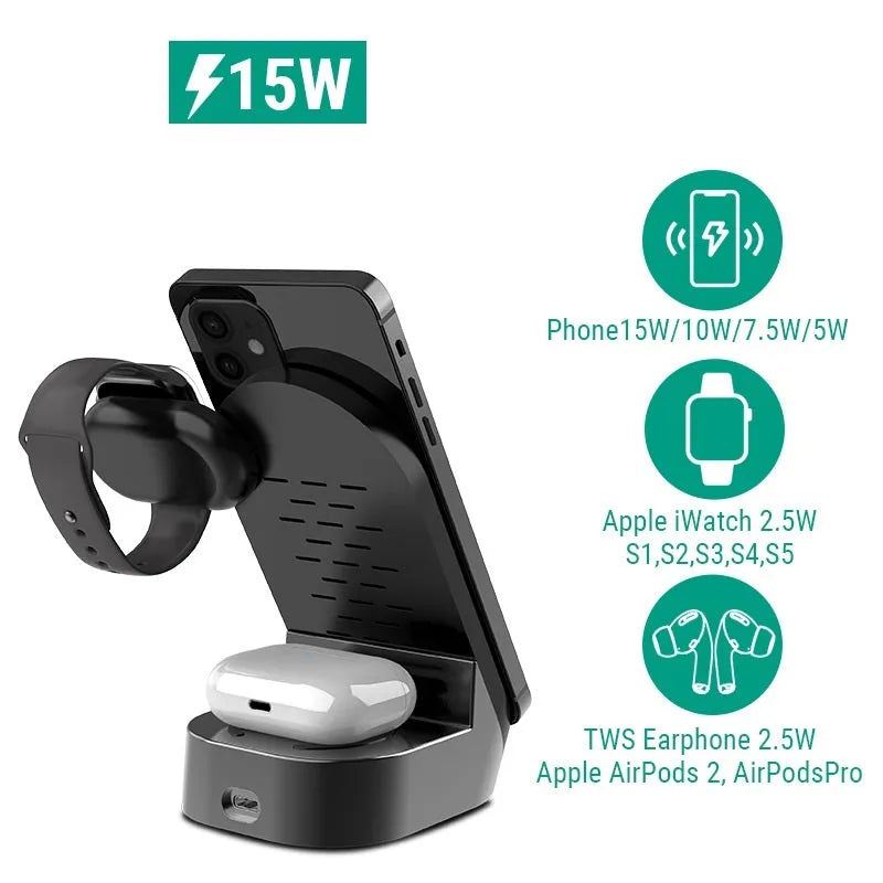 Black grey foldable 3-in-1 wireless charging stand for iPhone, Apple Watch and AirPods case.