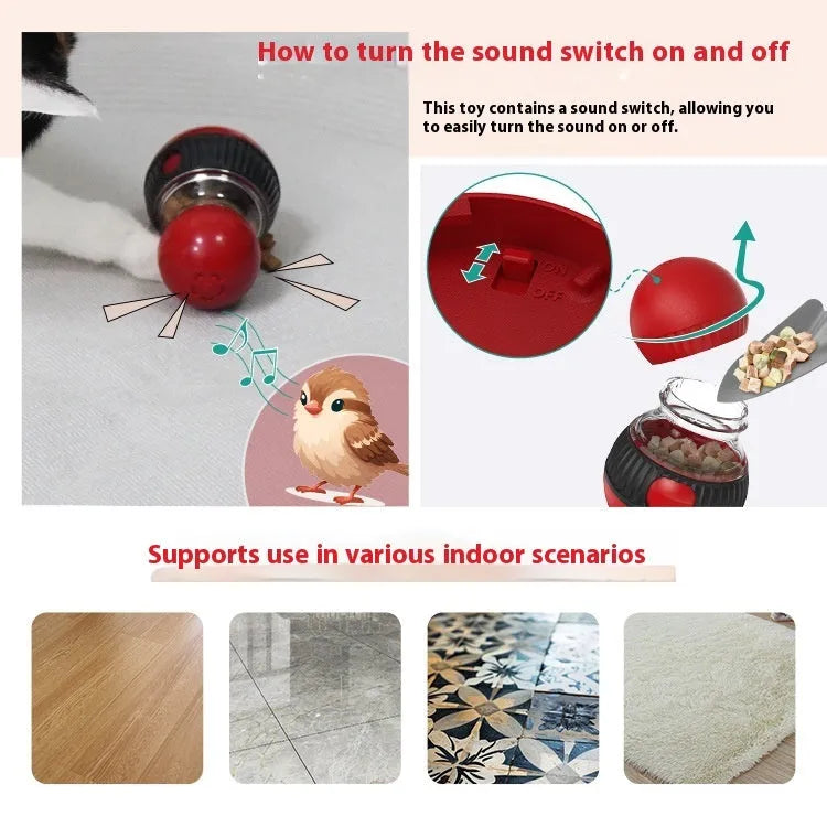 Rotating plastic cat toy ball with food dropping compartment and sound feature.