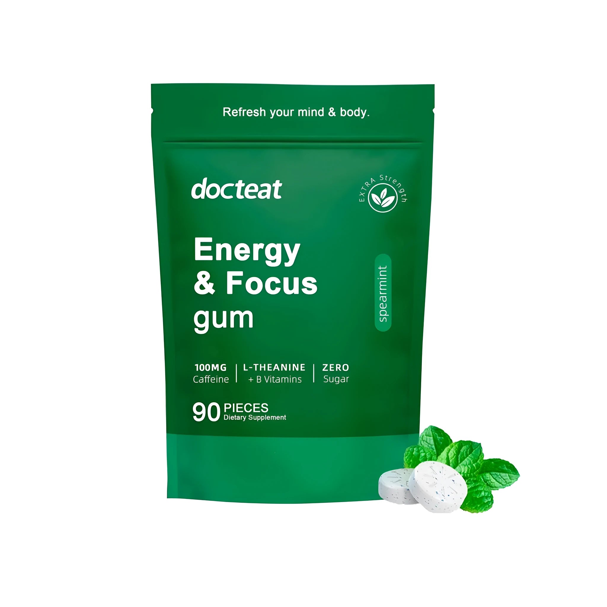 Mint tablet sugar dietary supplement pack containing 90 pieces with L-theanine and green coffee bean extract.