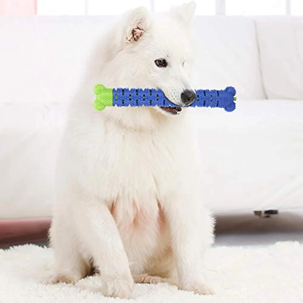 Blue dog dental cleaning stick with serrated brush head and gum massage nodules