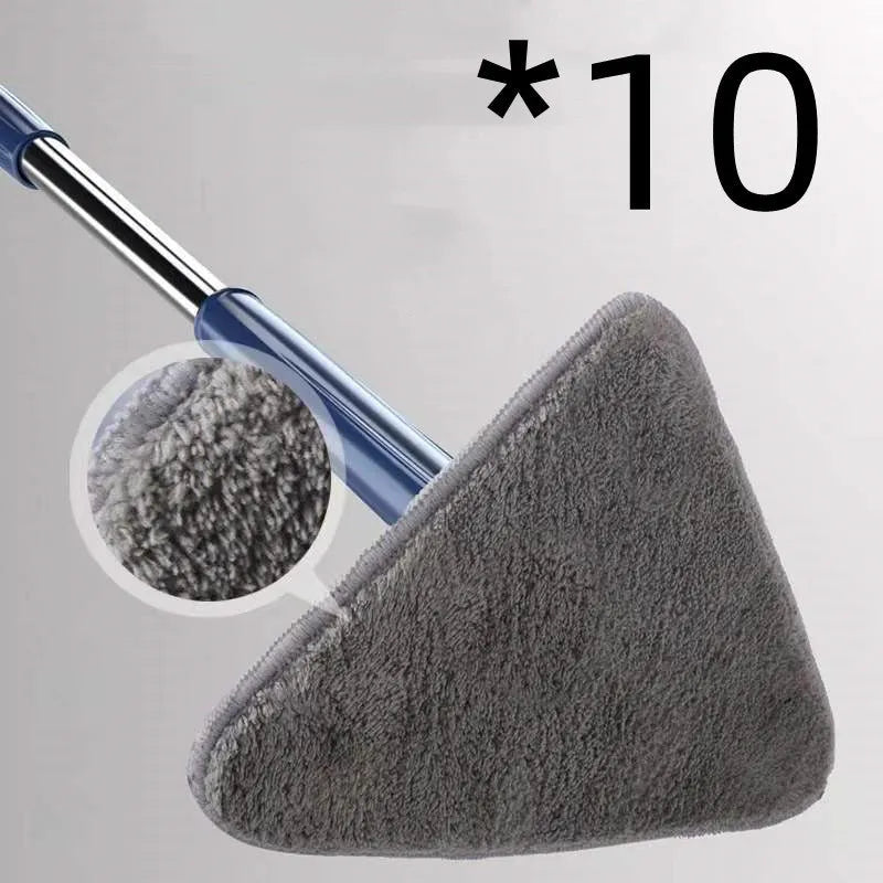 Extendable triangle mop with rotating blue head and adjustable stainless steel pole for corner cleaning