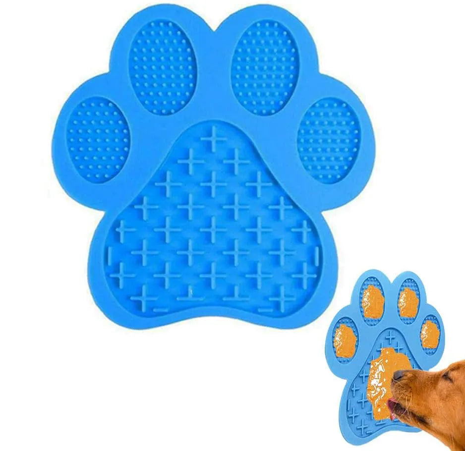 Blue silicone dog licking mat with bone texture and suction cups on the back