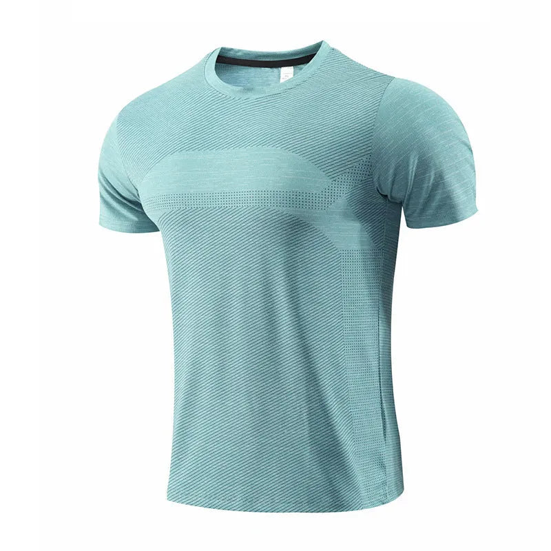 Men's short-sleeved athletic t-shirt for running and basketball in a polyester spandex fabric.