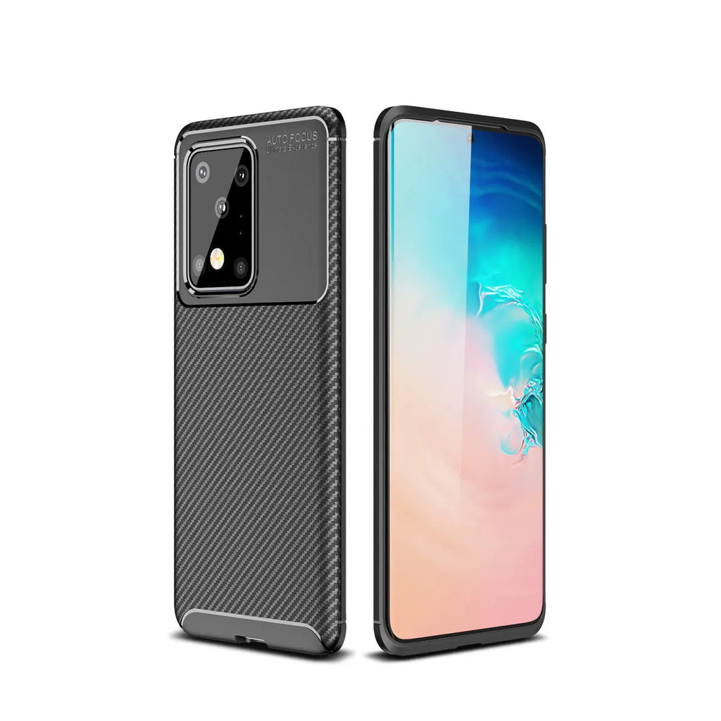 Solid colour TPU back case for Samsung Galaxy phone in black, blue, or brown.
