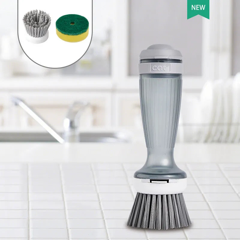 Milk white pot brush with soap dispenser in handle and non-scratch bristles for kitchen sink use.