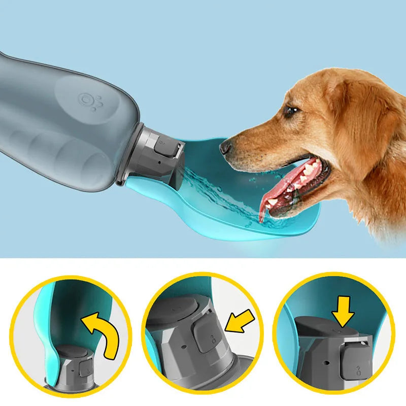 Blue grey portable 800ml dog water bottle with foldable drinking bowl and wrist strap.