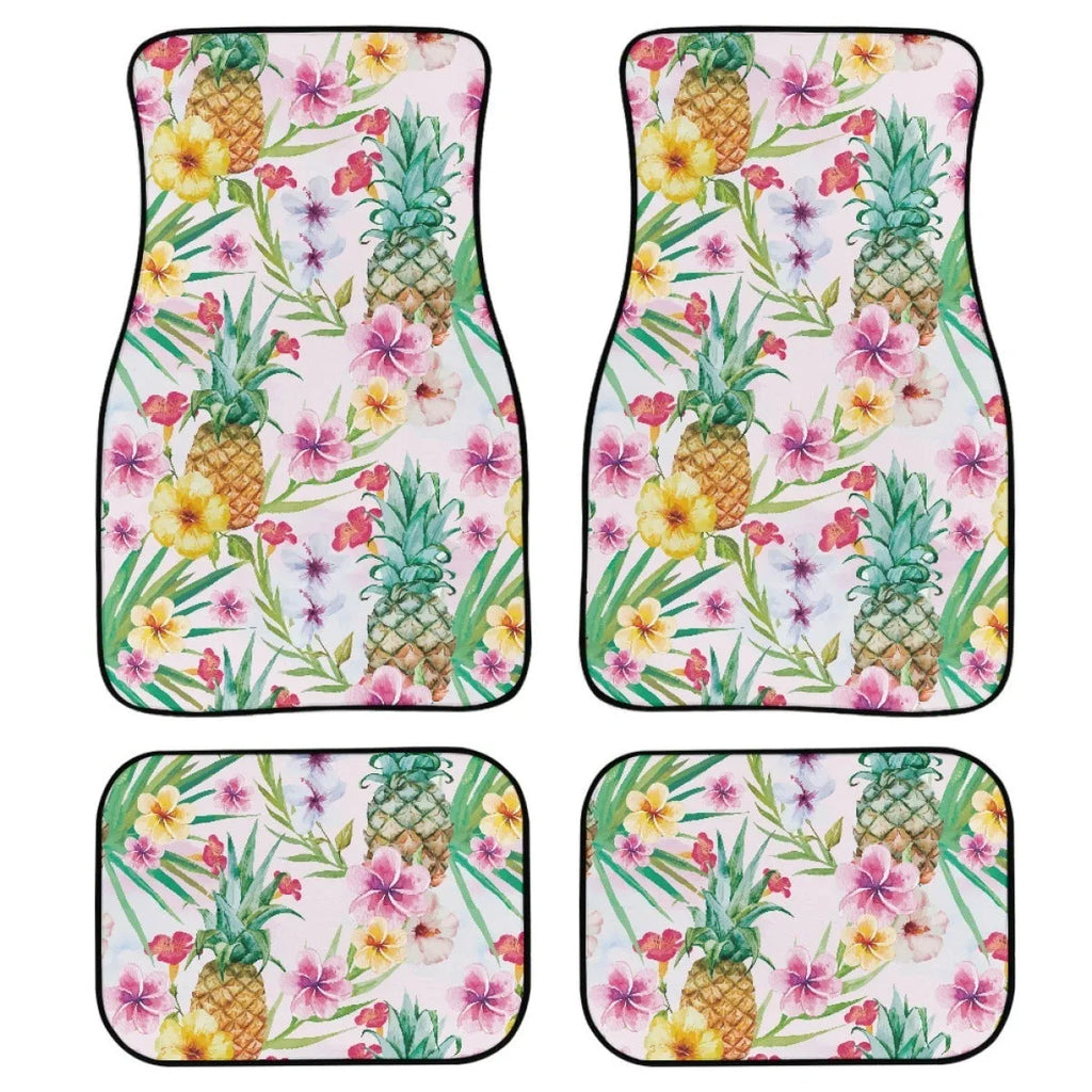 Black printed rubber car foot mat set showing four pieces for vehicle footwells.