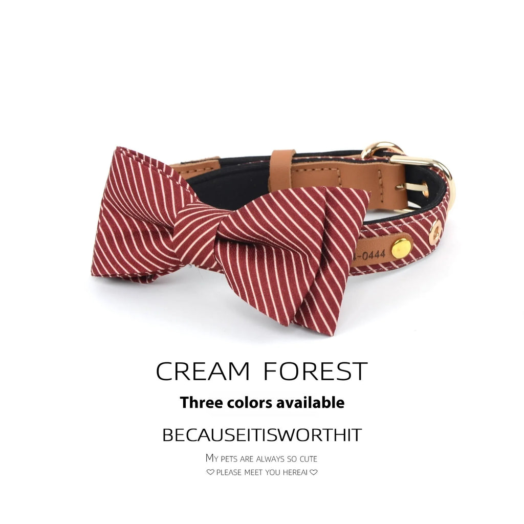 Soft cotton dog collar with detachable bow shown in dark blue, wine red, and white colour options.