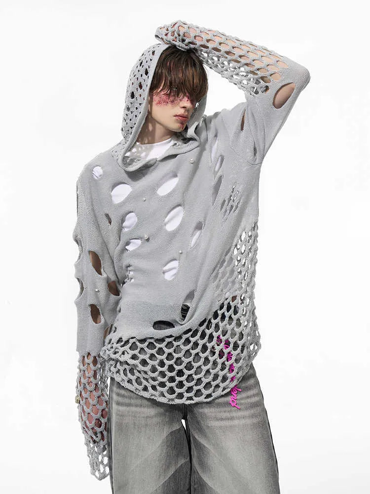 Black men's loose-fit pullover hoodie with pearl decorative details on the hood.