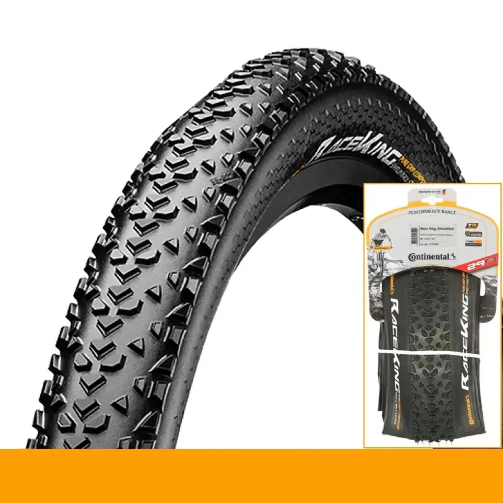 Mountain bike folding tyre with 3-layer construction shown in yellow or white sidewall options