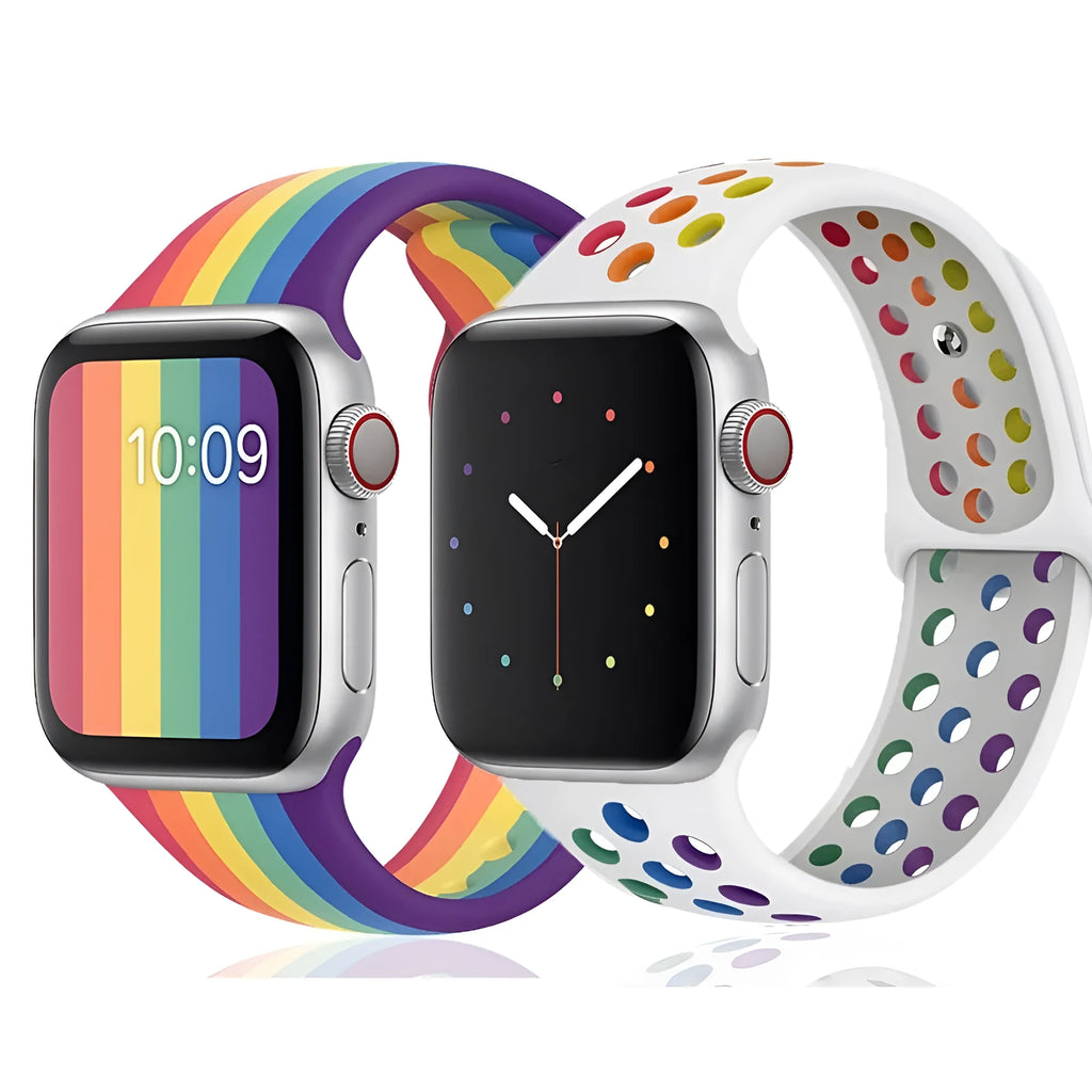 Silicone sports wristband with buckle strap in black, rainbow, or white colours.