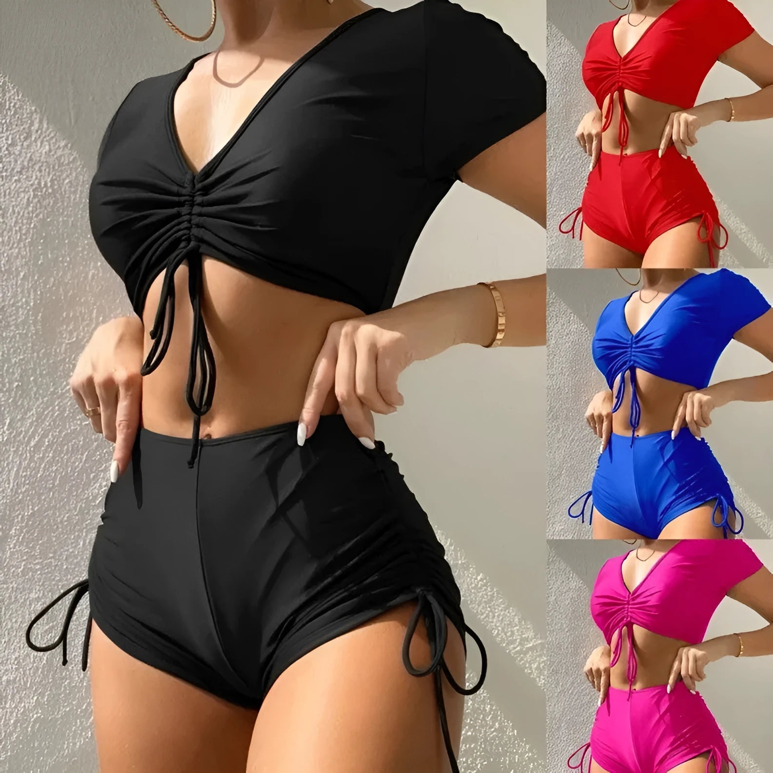 Women's lace-up bow swimsuit set in polyester fibre with matching shorts for swimming