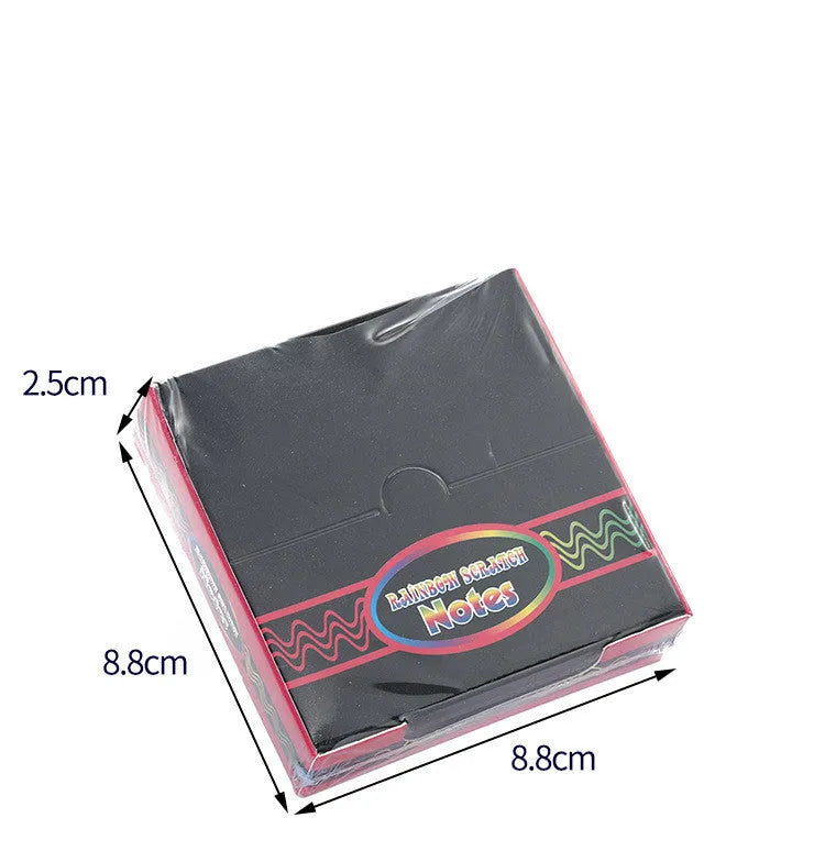 Scratch painting activity set showing colourful trumpet design on paper sheets in colour gift box
