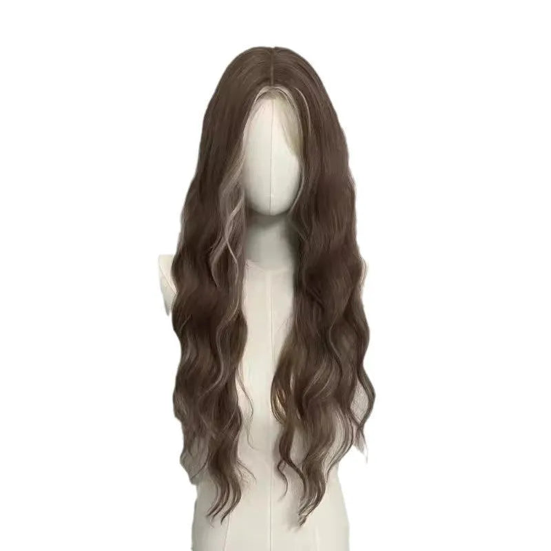 Long curly synthetic wig in grey gold colour with highlights and lace front.