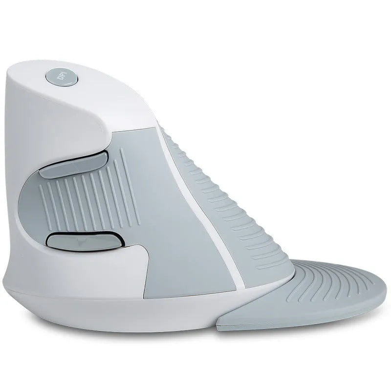 M618 black and white wireless vertical ergonomic mouse for right hand on desk.