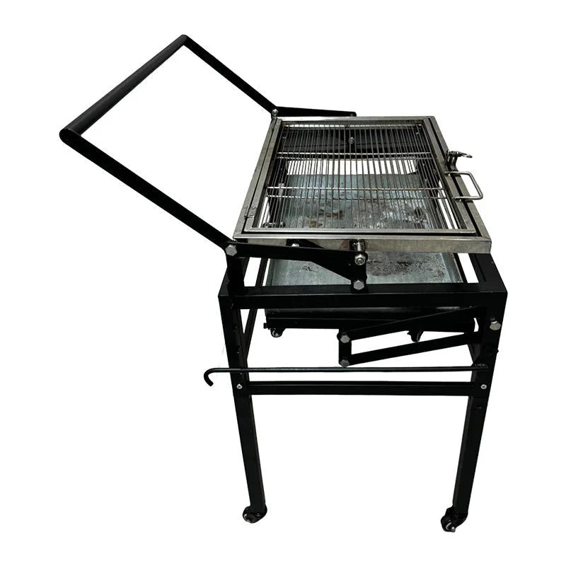 Large foldable charcoal BBQ stove with grill, shown in an outdoor setting.