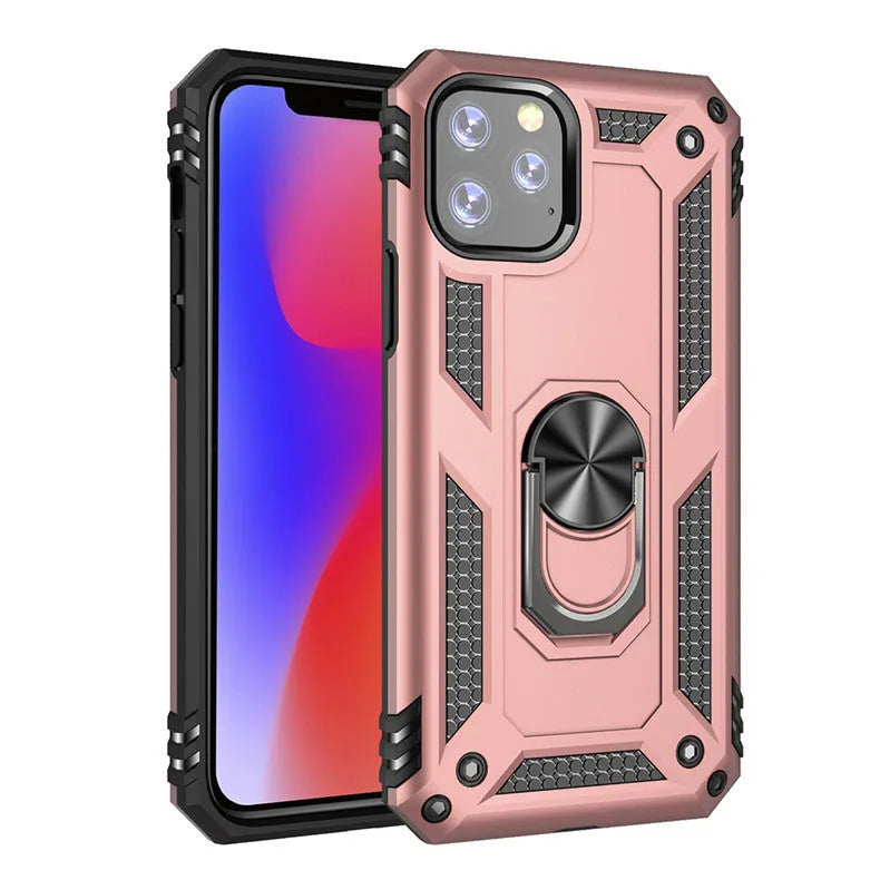 Shockproof bracket ring phone case in black for iPhone 14 Pro with built-in kickstand and magnetic ring
