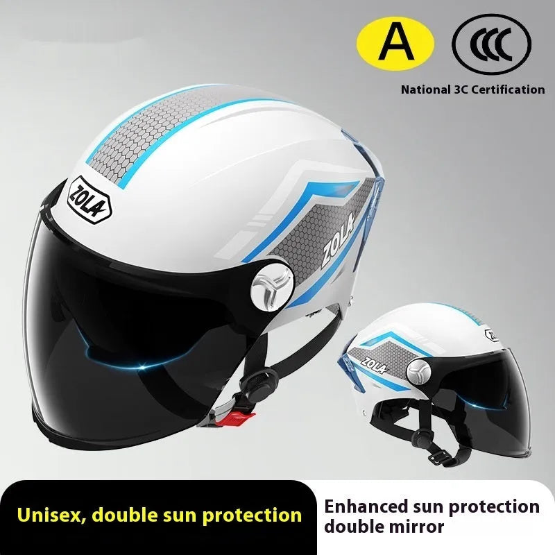 A light brown 3C certified motorcycle half helmet with a double mirror visor on a stand.