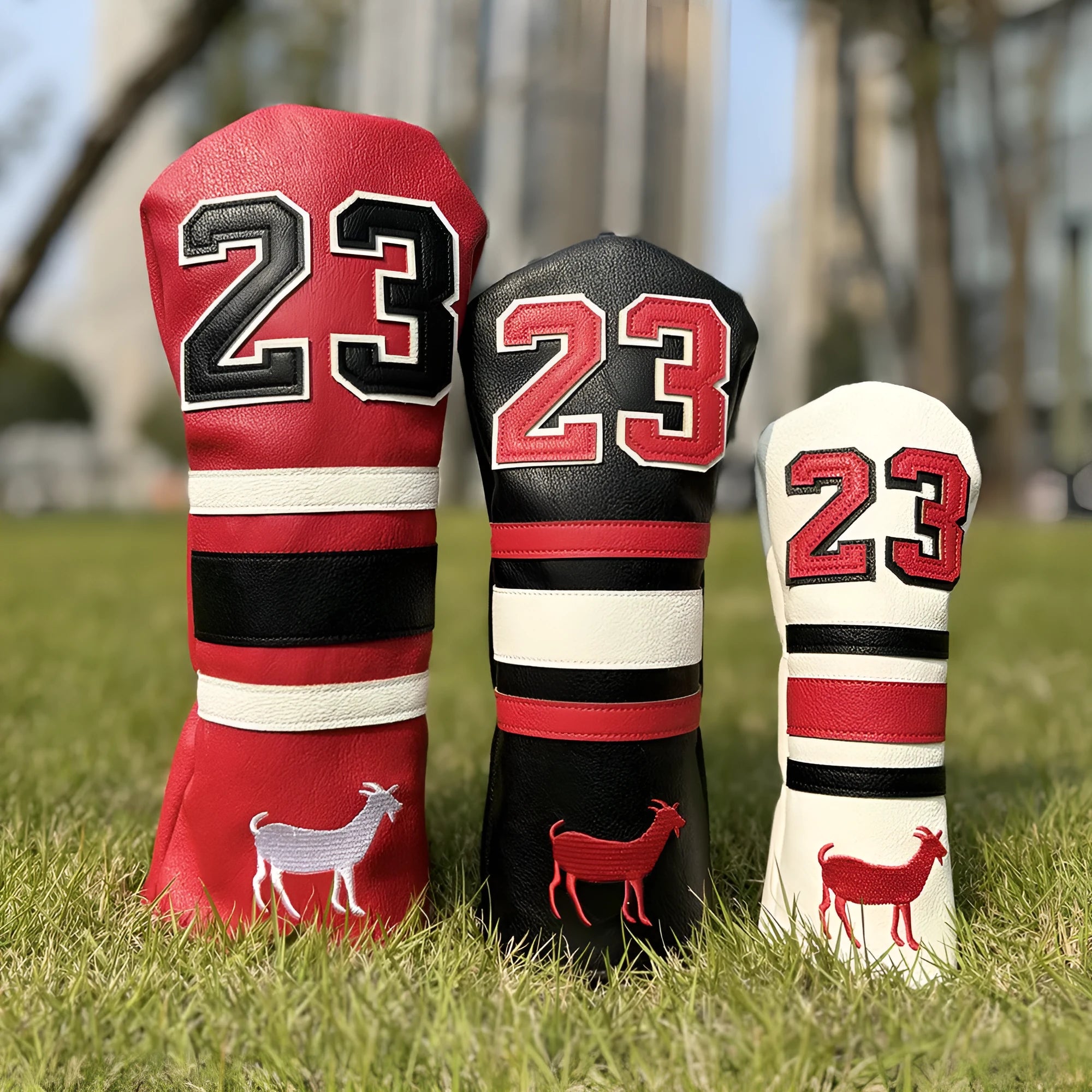 Set of four PU golf club head sleeves in a chosen colour for UT, 3/5, 1, and square putter.